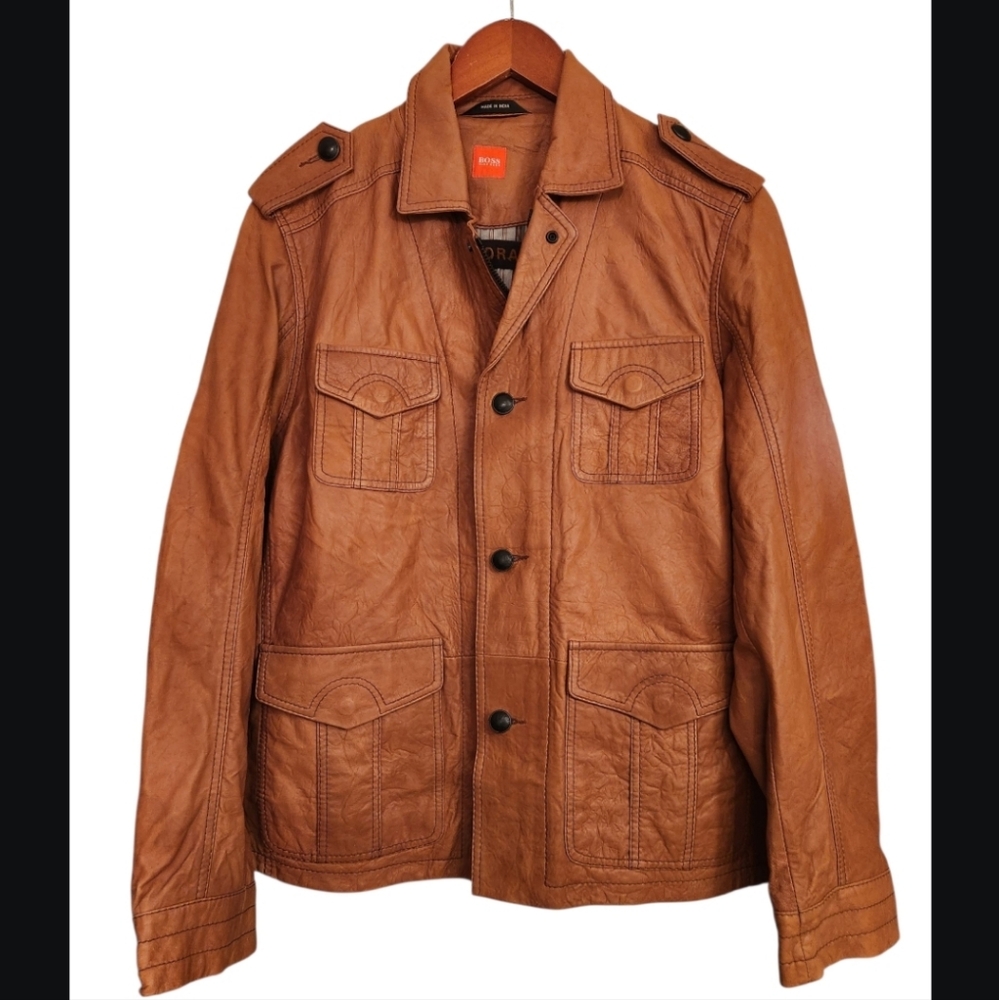 BOSS ORANGE Brown Leather Military Jacket 38R